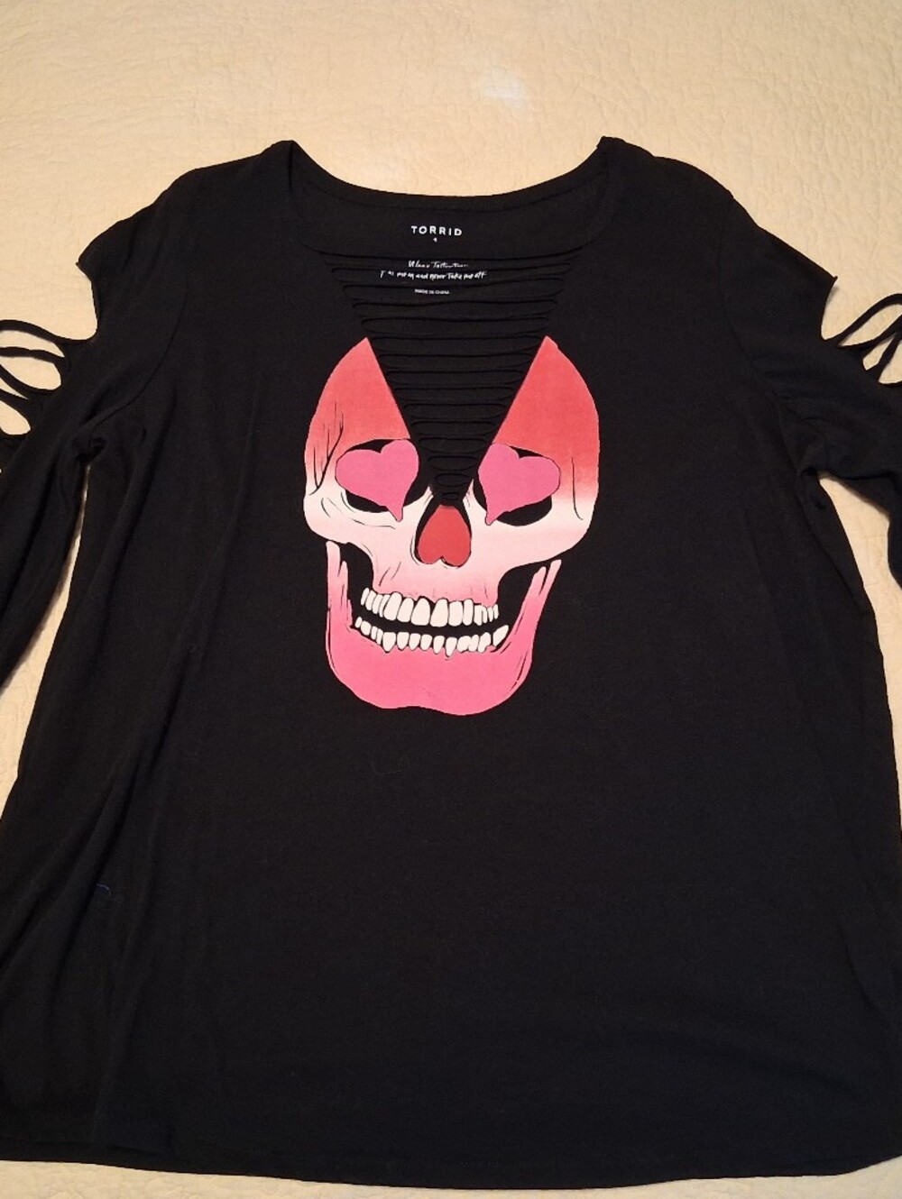 Torrid Black Long-Sleeve Skull Graphic Top with Pink Skull, Size 14-16